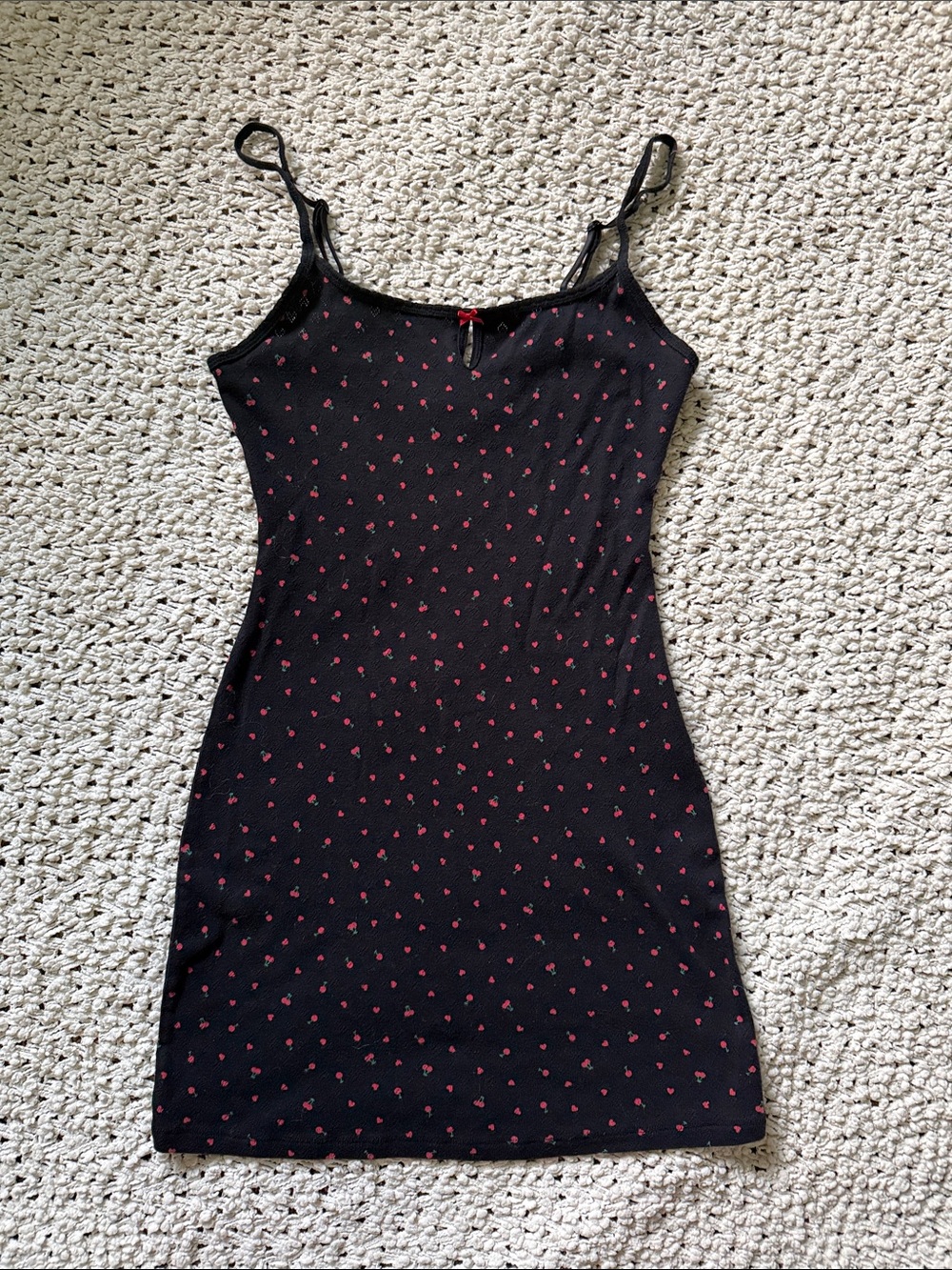 🍒 PINK Cotton Heart Pointelle Slip Dress in Black Hearts with Cherries 🍒